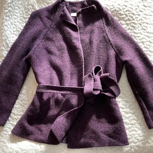 Soft and cozy deep purple sweater coat with tie waist, wool and alpaca blend